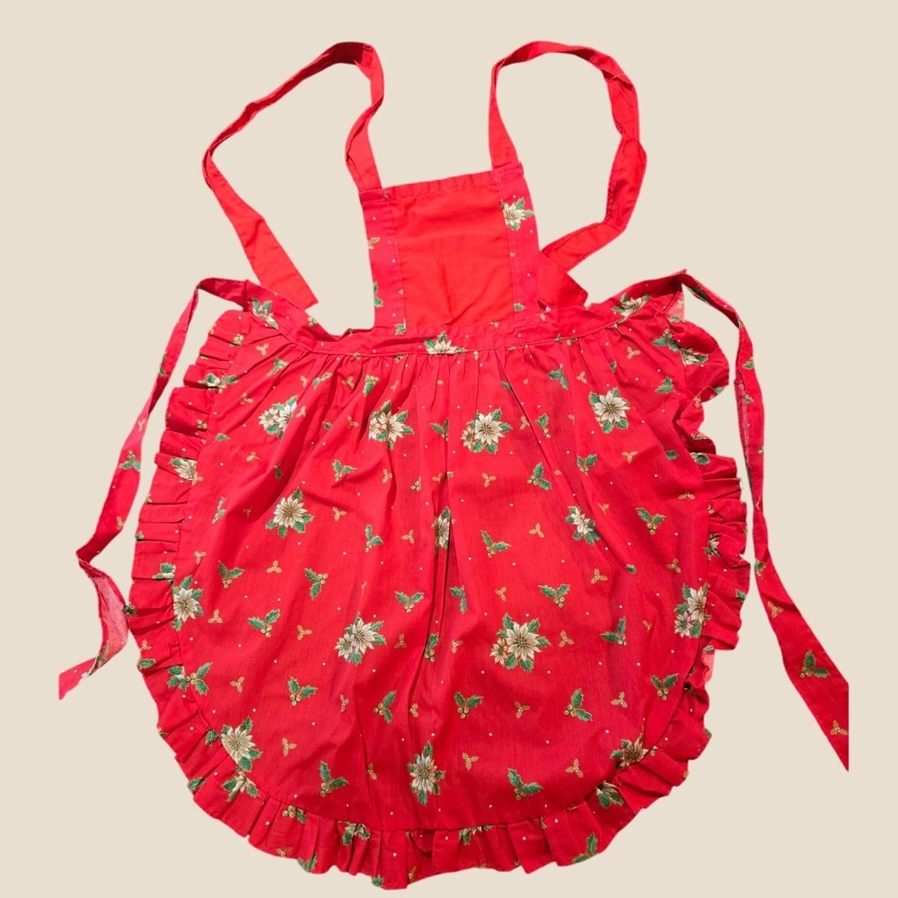 Vintage Unbranded Christmas Bib Apron Red Poinsettia Ruffle